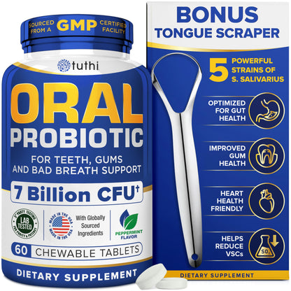 Tuthi Oral Probiotics & Tongue Scraper – Bad Breath Treatment for Adults – Dental Probiotics for Teeth and Gums – Supports Fresh Breath – 60 Chewable Tablets