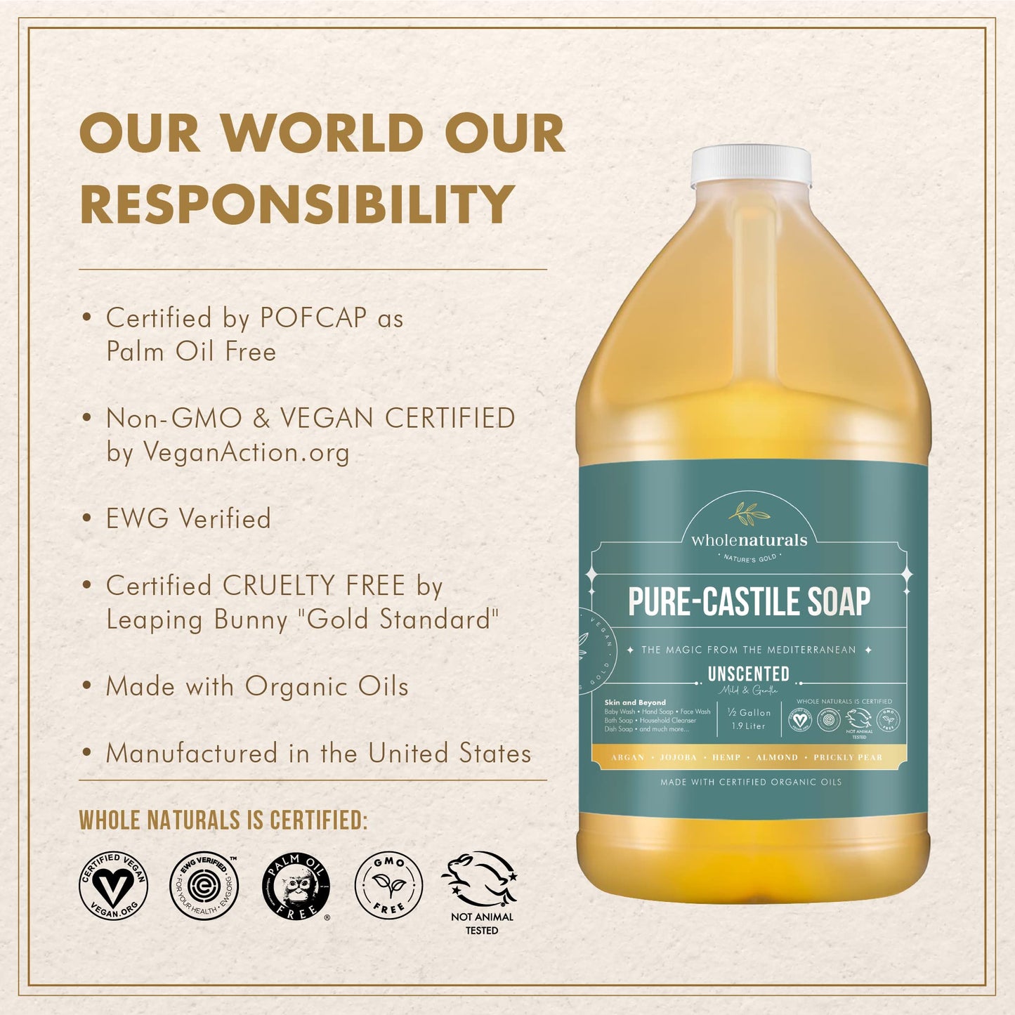 WHOLENATURALS Pure Castile Soap Liquid, EWG Verified & Certified Palm Oil Free Unscented, Natural, Mild & Gentle Non-gmo & Vegan - Organic Body Wash, Laundry, Pet/Dog and Baby Soap - 64 Fl Oz
