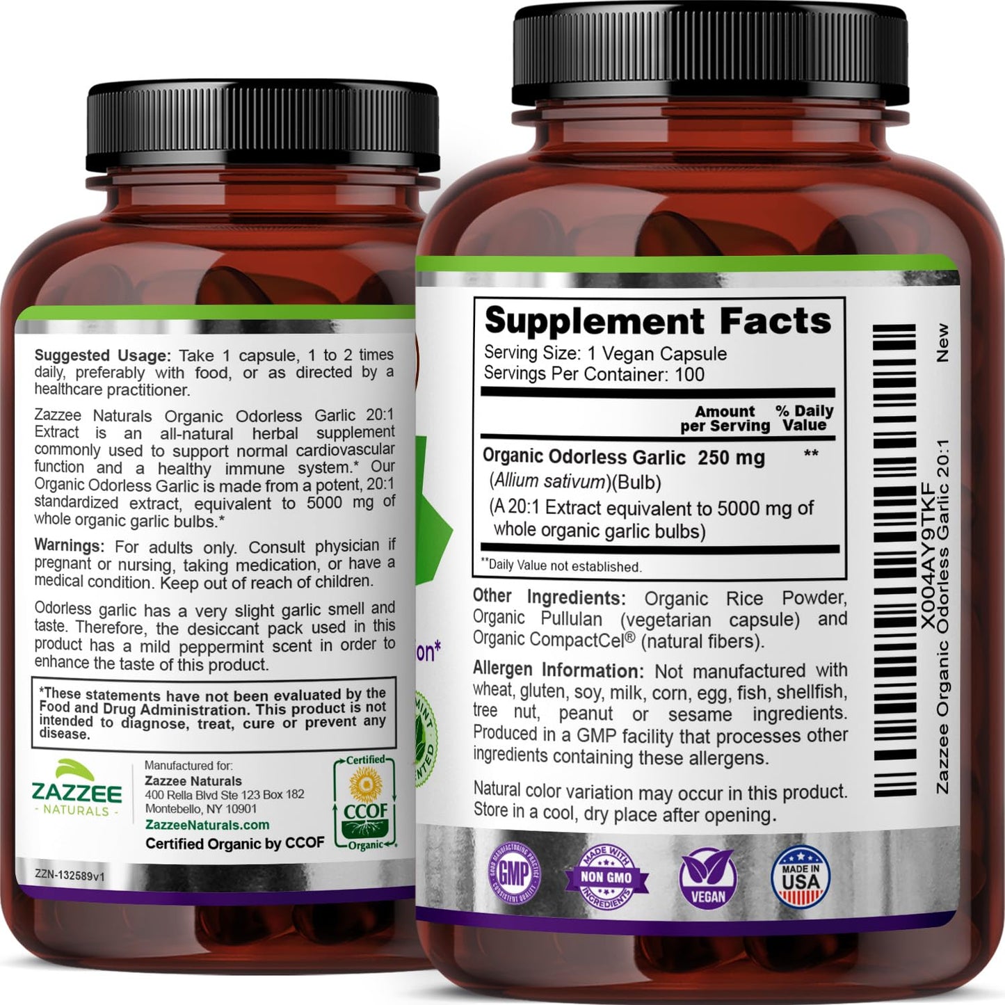 Zazzee USDA Organic Odorless Garlic 20:1 Extract, 5000 mg Strength, 100 Vegan Capsules, 3+ Month Supply, Standardized, Concentrated 20X Extract, 100% Vegetarian, All-Natural, Non-GMO, Made in The USA