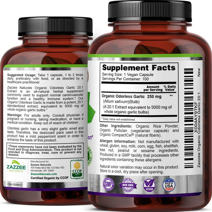 Zazzee USDA Organic Odorless Garlic 20:1 Extract, 5000 mg Strength, 100 Vegan Capsules, 3+ Month Supply, Standardized, Concentrated 20X Extract, 100% Vegetarian, All-Natural, Non-GMO, Made in The USA