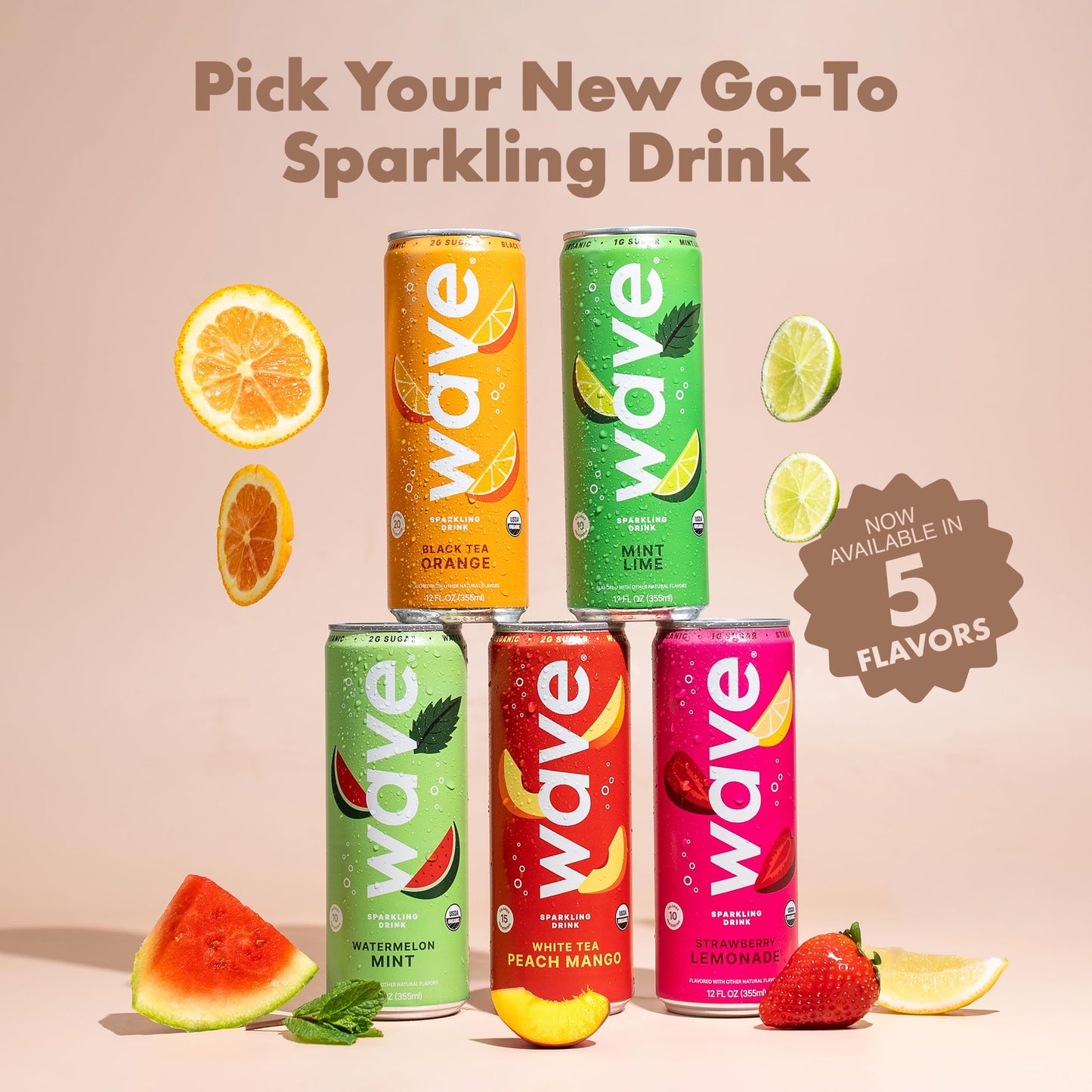 WAVE Organic Sparkling Drink | Low Calorie Drink, Strawberry Lemonade Lightly Carbonated | Great Natural Soda Alternative | USA Made Kosher No Added Sugar, Color, & Artificial Ingredients |12 Pack