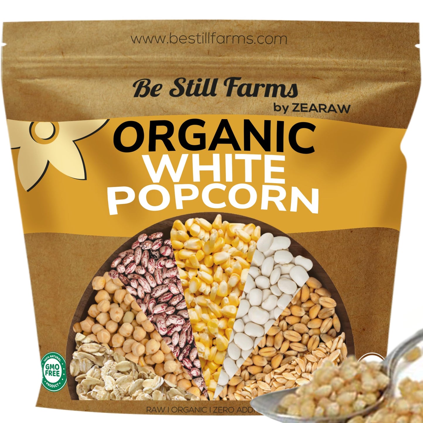 Be Still Farms White Organic Popcorn Kernels (4.8lb) - Hulless Uncooked Corn Bulk Ideal for Popping - Healthy Microwave Snacks Great for Movie Night - USA Grown | USDA Certified | Non-GMO | Vegan