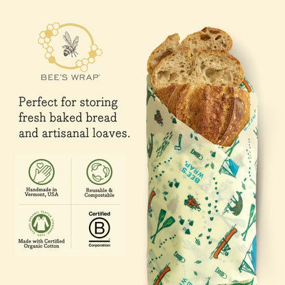 Bee's Wrap Reusable Beeswax Food Wraps Made in the USA, Eco Friendly Beeswax Wraps for Food, Sustainable Food Storage Containers, Organic Cotton Food Wrap, XL Bread Wrap for Homemade Bread