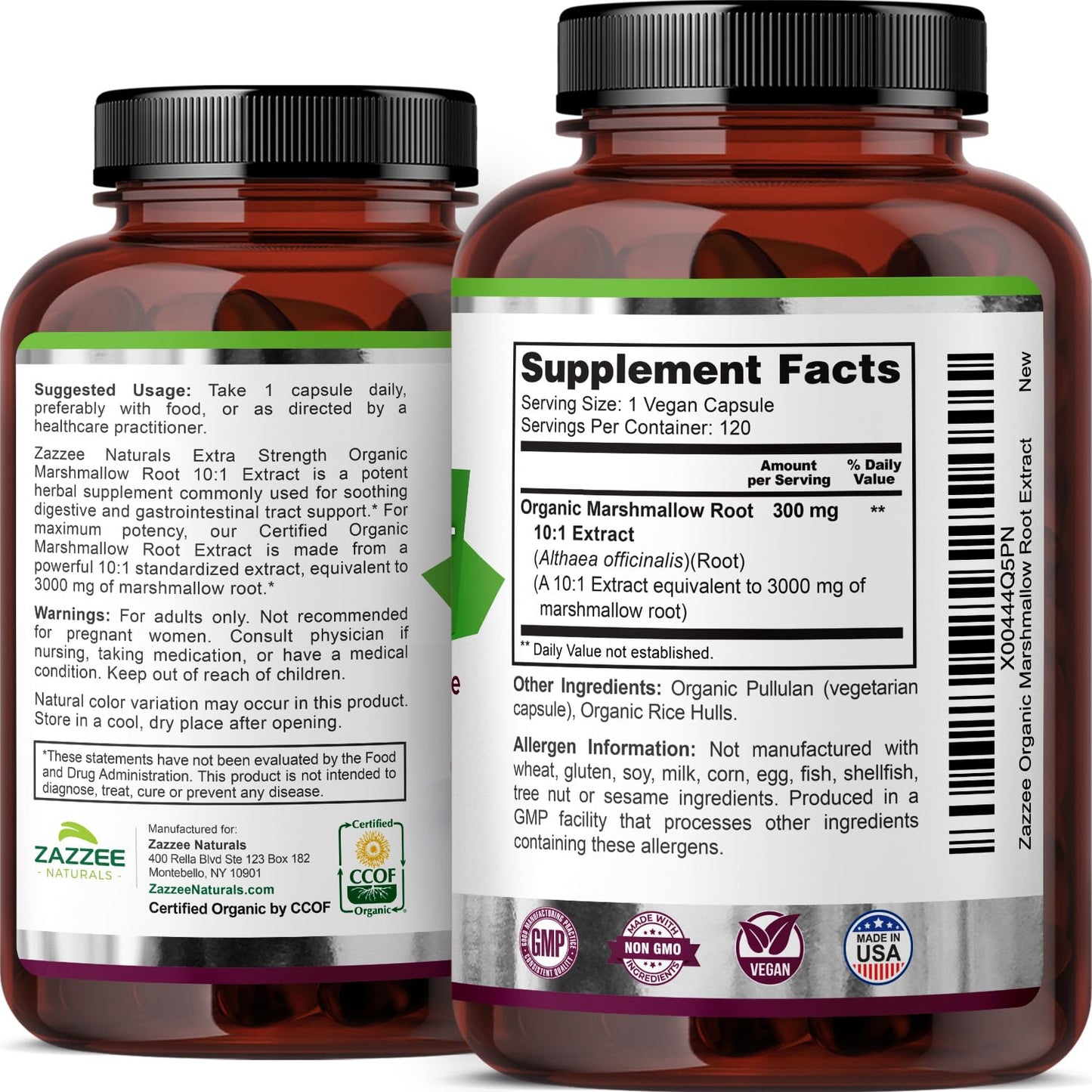 Zazzee USDA Organic Marshmallow Root 10:1 Extract, 3000 mg Strength, 120 Vegan Capsules, 4 Month Supply, Standardized, Concentrated 10X Extract, 100% Vegetarian, All-Natural, Non-GMO, Made in The USA