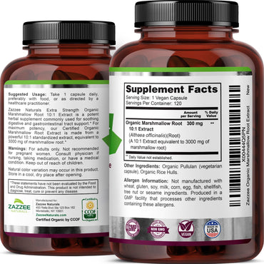 Zazzee USDA Organic Marshmallow Root 10:1 Extract, 3000 mg Strength, 120 Vegan Capsules, 4 Month Supply, Standardized, Concentrated 10X Extract, 100% Vegetarian, All-Natural, Non-GMO, Made in The USA