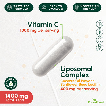 ForestLeaf Liposomal Vitamin C 1000mg Capsules | High Dose Vitamin C Liposomal Supplement w Coconut Oil Fatty Acids | Fast Absorption | Immune Support, Antioxidant, Collagen Production | 120 Vegan Cap