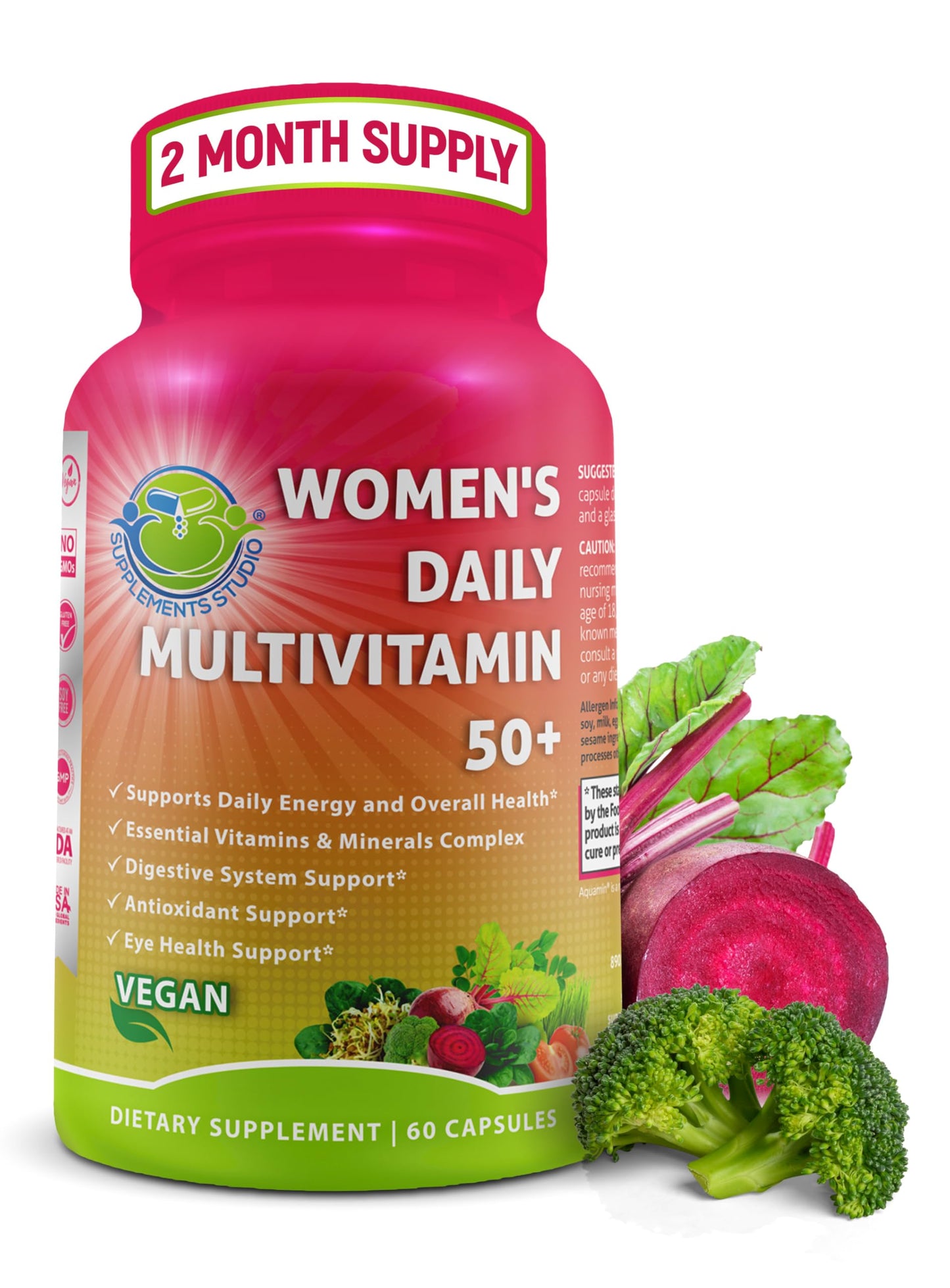 Women's Daily Multivitamin 50 Plus - Vegan Methylated Multivitamin for Women 50 and Over with Biotin, Organic Superfoods & Lutein - Eye, Energy, Gut & Optimal Health Support - Easy to Swallow Capsules