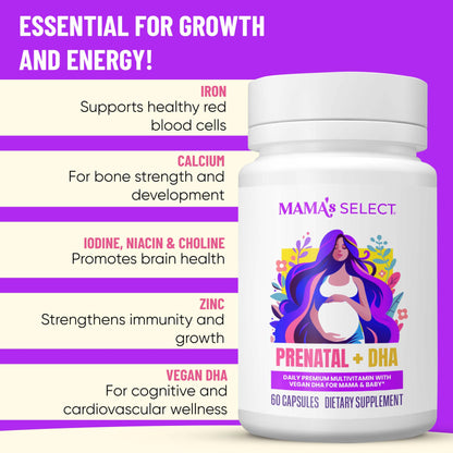 Mama's Select Prenatal Vitamins with Vegan DHA – Fish-Free, No Fish Burps, Allergen-Free, MTHFR Support, Methylated Folate & B Vitamins, Digestive-Friendly, No Biotin