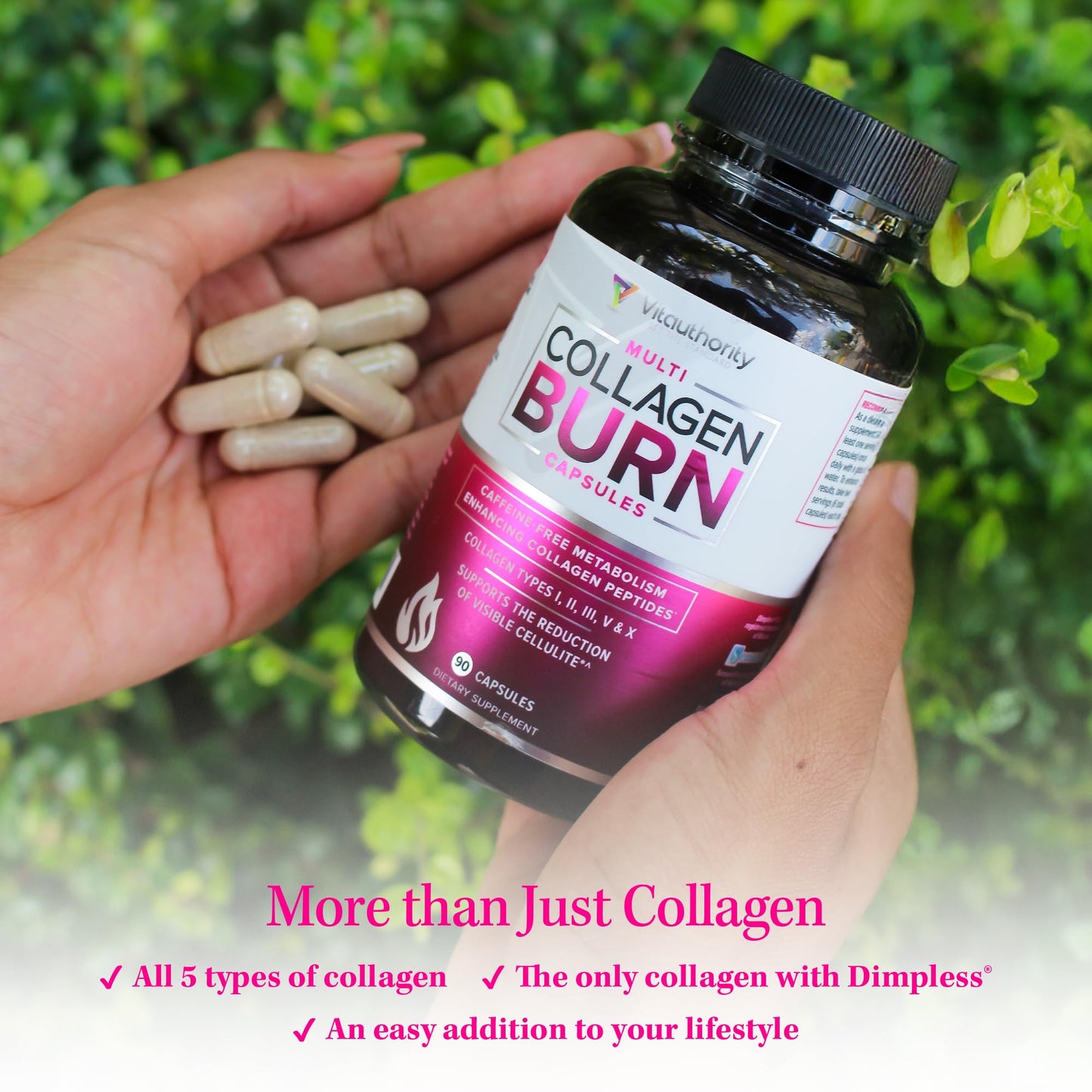 Multi Collagen Burn: Multi-Type Hydrolyzed Protein Peptides with Hyaluronic Acid, Vitamin C, SOD B Dimpless, Types I, II, III, V and X, Caffeine-Free (Unflavored Capsules)