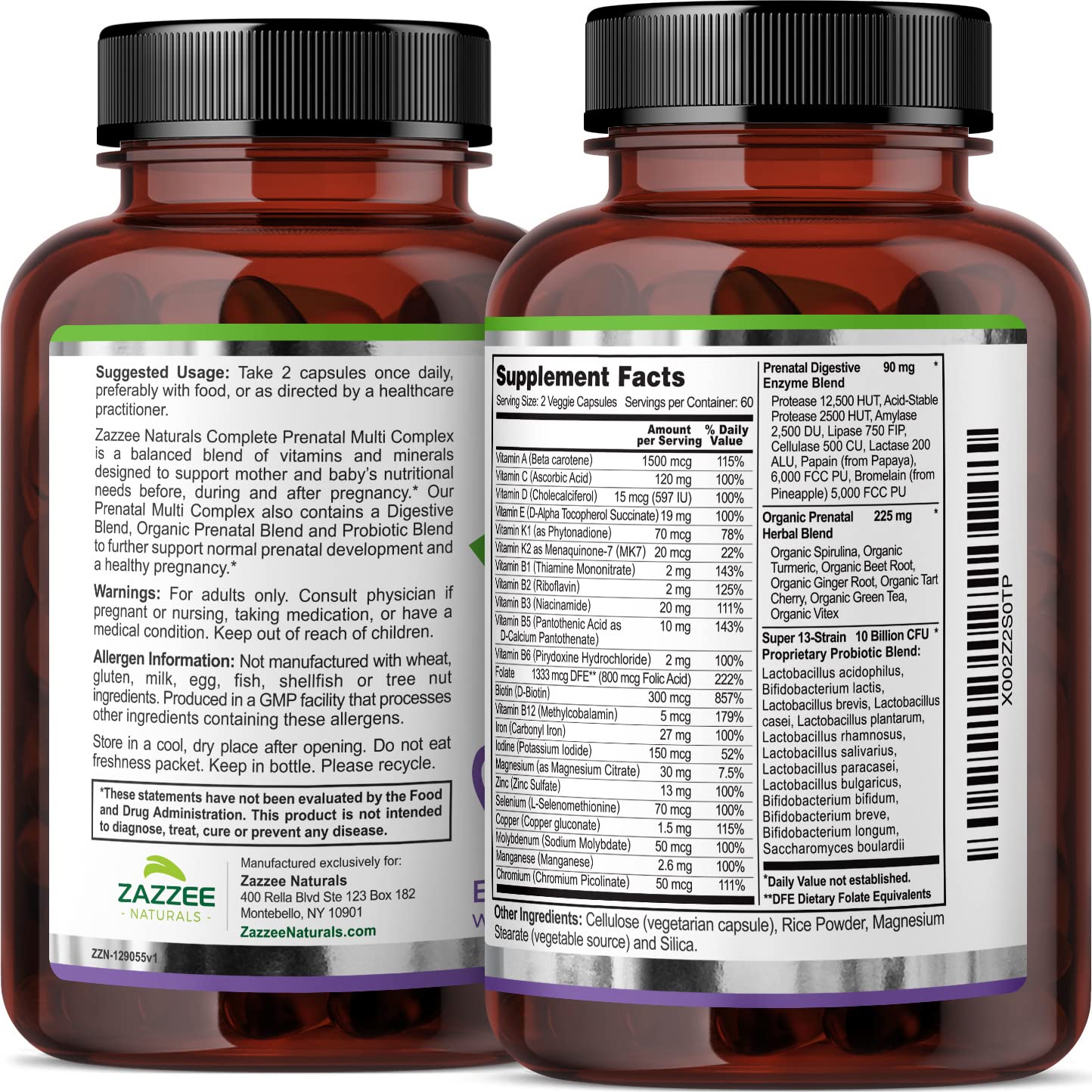 Zazzee Extra Strength Complete Prenatal Multi Complex, 120 Vegan Capsules, 2 Month Supply, 23 Essential Vitamins & Minerals, MK7, 10 Billion CFU Probiotics, Prenatal Enzymes, Organic Herbal Blend