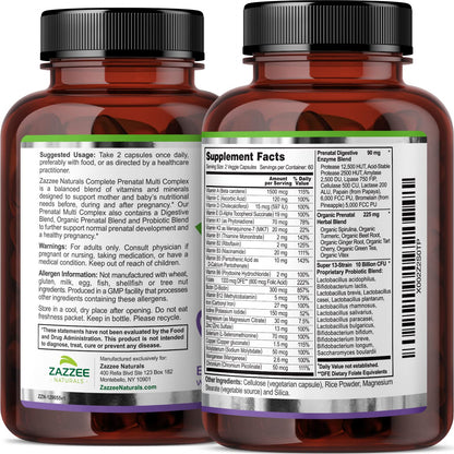 Zazzee Extra Strength Complete Prenatal Multi Complex, 120 Vegan Capsules, 2 Month Supply, 23 Essential Vitamins & Minerals, MK7, 10 Billion CFU Probiotics, Prenatal Enzymes, Organic Herbal Blend