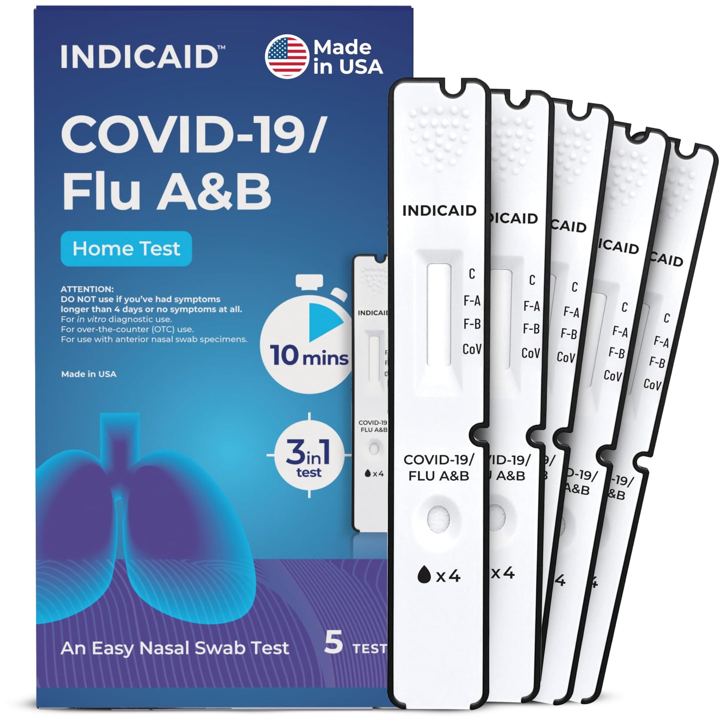 INDICAID COVID-19/Flu A and B 3-in-1 Combo Rapid Antigen Test – FDA 510(k)-Cleared - Results in 10 Minutes - Made in USA - 5 Tests - OTC for Home and Business - Easy to Use - FSA/HSA Approved Product