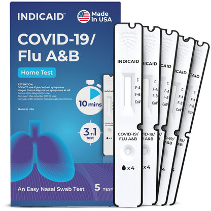 INDICAID COVID-19/Flu A and B 3-in-1 Combo Rapid Antigen Test – FDA 510(k)-Cleared - Results in 10 Minutes - Made in USA - 5 Tests - OTC for Home and Business - Easy to Use - FSA/HSA Approved Product