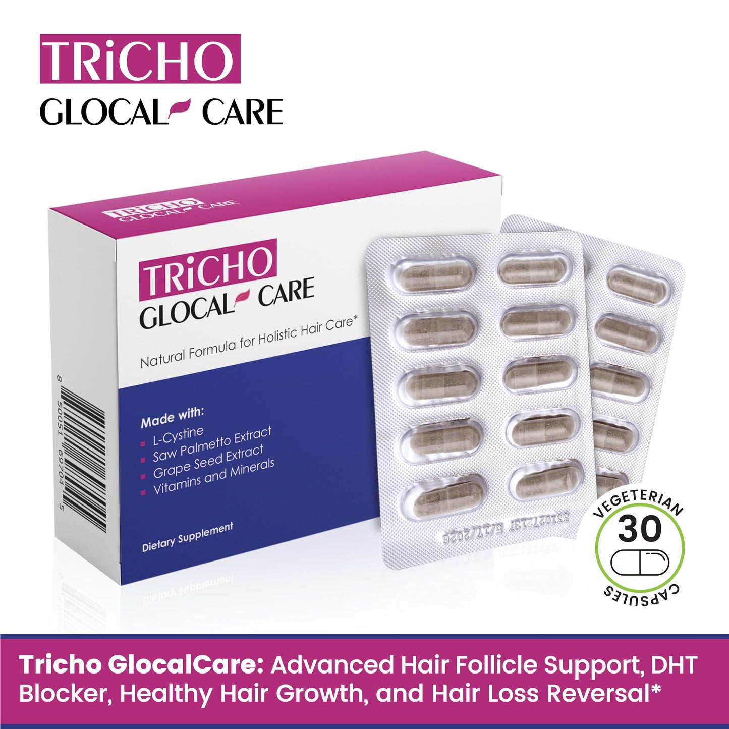 GlocalCare Tricho - Hair Growth Supplement, DHT Blocker with Saw Palmetto, 5000mcg Biotin & L-Cysteine - Revitalizes Thinning Hair, Stimulates Follicles & Promotes Regrowth in Men & Women - 30 ct