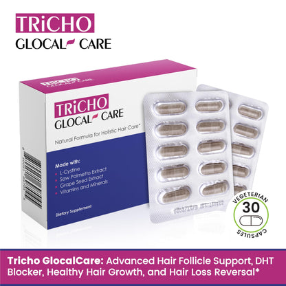 GlocalCare Tricho - Hair Growth Supplement, DHT Blocker with Saw Palmetto, 5000mcg Biotin & L-Cysteine - Revitalizes Thinning Hair, Stimulates Follicles & Promotes Regrowth in Men & Women - 30 ct