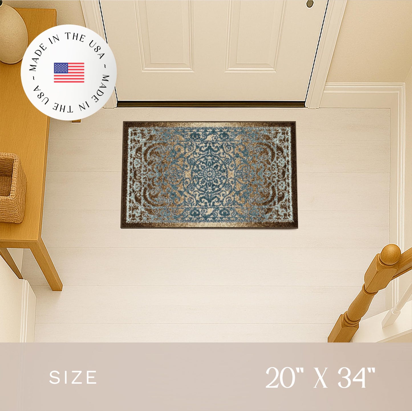 Maples Rugs Pelham Transitional Area Rugs - Made in USA - Washable, Non Slip, Indoor Carpet for Entryway, Foyer, Kitchen, and Bathroom, 1'8 x 2'10, Blue/Walnut