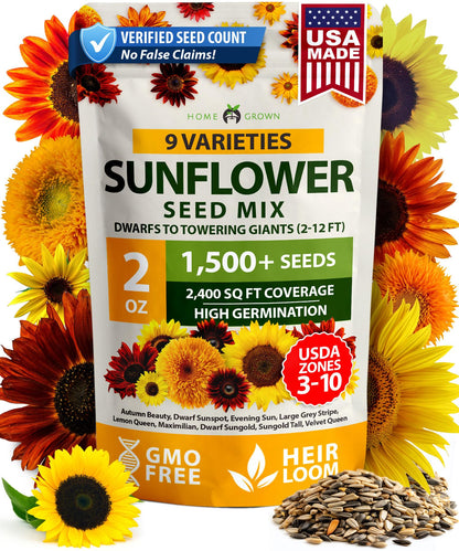 HOME GROWN Sunflower Seeds Mix Pack 1,500+ 9 Colorful Varieties of Sun Flower Seeds to Plant - 2-10ft Tall Plants, Pollinator Friendly 𝗡𝗢𝗡-𝗚𝗠𝗢 𝗨𝗦𝗔 – Easy to Grow, High Germination