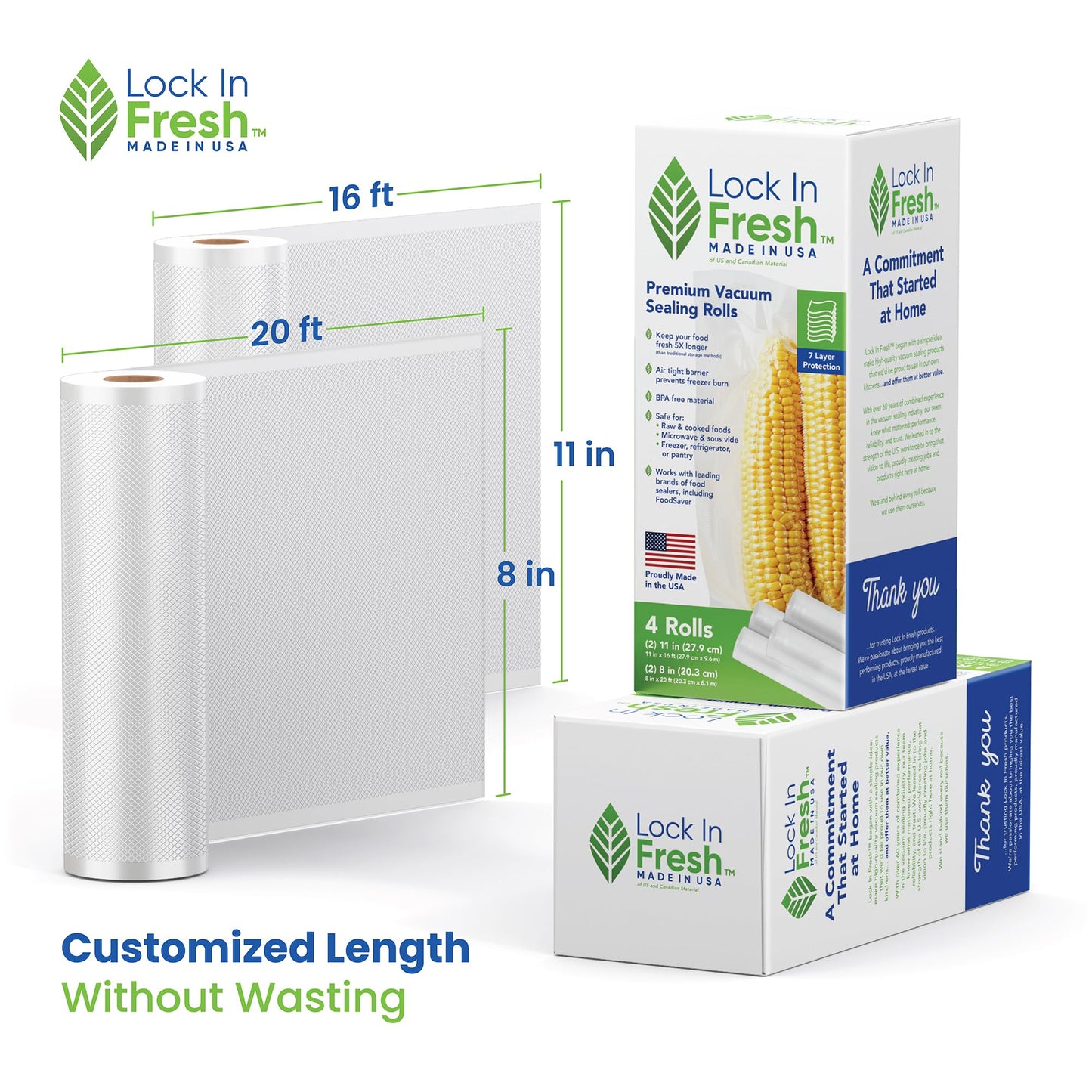 Lock In Fresh Vacuum Sealer Bags for Food Combo Pack, 2 Rolls 11" x 16' + 2 Rolls 8" x 20' - Heavy Duty Food Saver Vacuum Sealer Bag Rolls - Sous Vide, Seal a Meal Bags - Made in the US