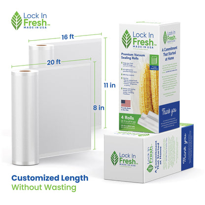 Lock In Fresh Vacuum Sealer Bags for Food Combo Pack, 2 Rolls 11" x 16' + 2 Rolls 8" x 20' - Heavy Duty Food Saver Vacuum Sealer Bag Rolls - Sous Vide, Seal a Meal Bags - Made in the US