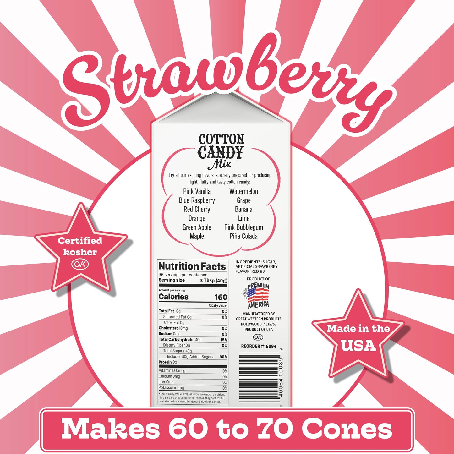 Premium America Strawberry Cotton Candy Floss Sugar Carnival-Style Fluffy Fun, Pre-Mixed & Ready to Use for Parties, Events & Festivals 3.25 lb Cartons Case of 3