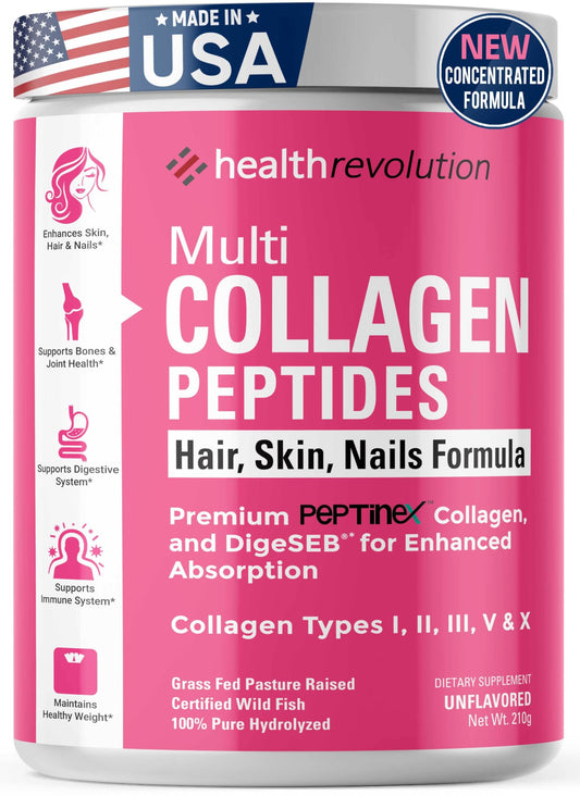 Multi Collagen Protein Powder, Type I, II, III, V, X - 5 Hydrolyzed Collagen Peptides, Skin, Hair, Nails & Joints, Triple Refined for Easy Mixing, 99% Absorption Rate, Non-GMO, Gluten-Free, Unflavored