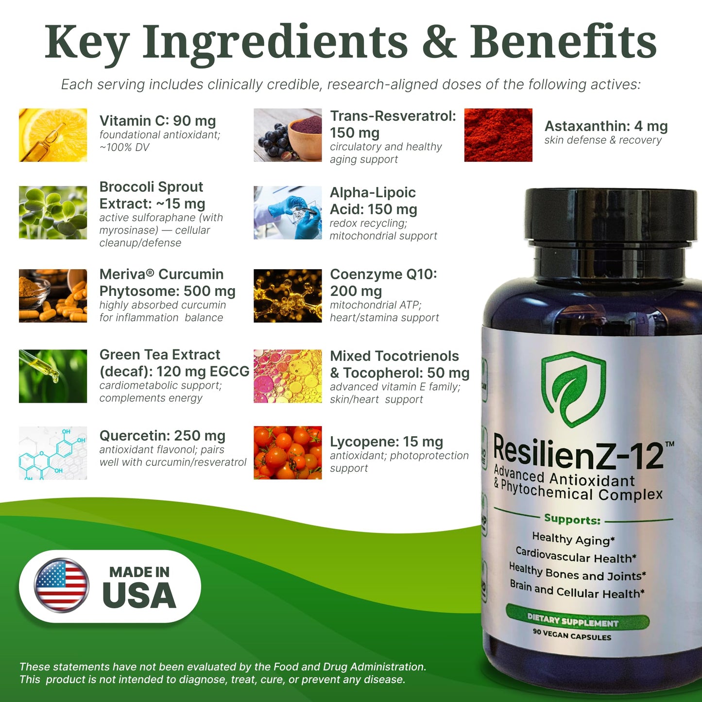 ResilienZ-12 Healthy Aging & Cellular Health – 12-in-1 Longevity Antioxidant Complex w/Meriva Curcumin Phytosome, Sulforaphane, CoQ10, EGCG, Resveratrol, Quercetin, Tocotrienols & Astaxanthin