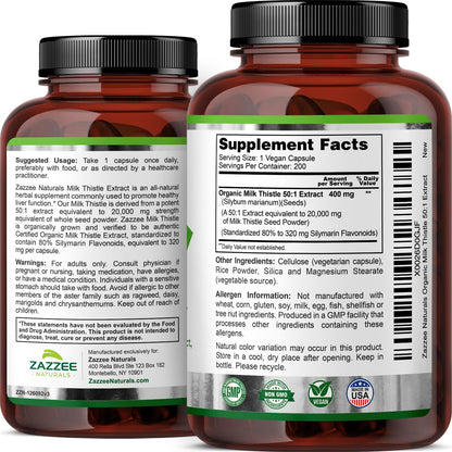 Zazzee Organic Milk Thistle 50:1 Extract, 20,000 mg Strength, 200 Vegan Capsules, 80% Silymarin Flavonoids, Over 6 Month Supply, Standardized and Concentrated 50X Extract, All-Natural and Non-GMO