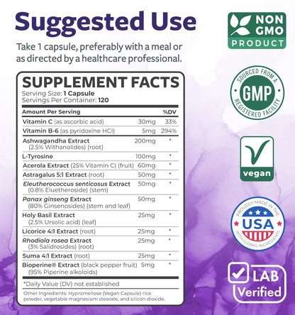 Adrenal Support & Cortisol Manager (Non-GMO) Powerful Adrenal Health with L-Tyrosine & Ashwagandha - Maintain Balanced Cortisol Levels & Stress Relief - Fatigue Supplement - 120 Capsules