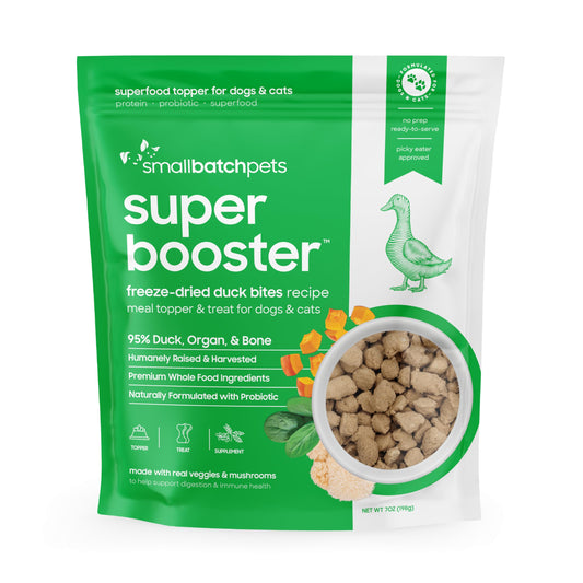 smallbatch Freeze Dried Dog Treats, Superfood Food Topper Duck Bites for Dogs & Cats, Probiotics, Organic Ingredients, High Protein, Grain Free Healthy Treat or Food Topper, Made in The USA, 7 oz Bag