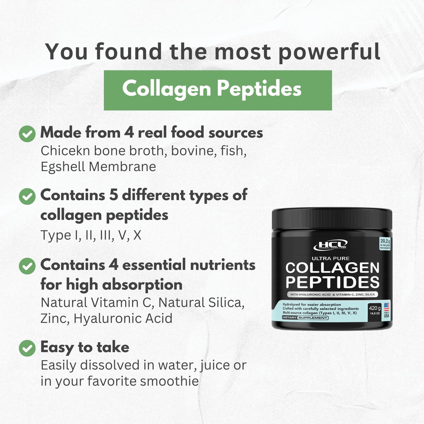 Collagen Peptides Powder with Vitamin C & Hyaluronic Acid - from Organic Cleanest Sources & Super High Absorption - Hydrolyzed Multi Type I, II, III, V, X - Skin Hair Supplement Made in USA