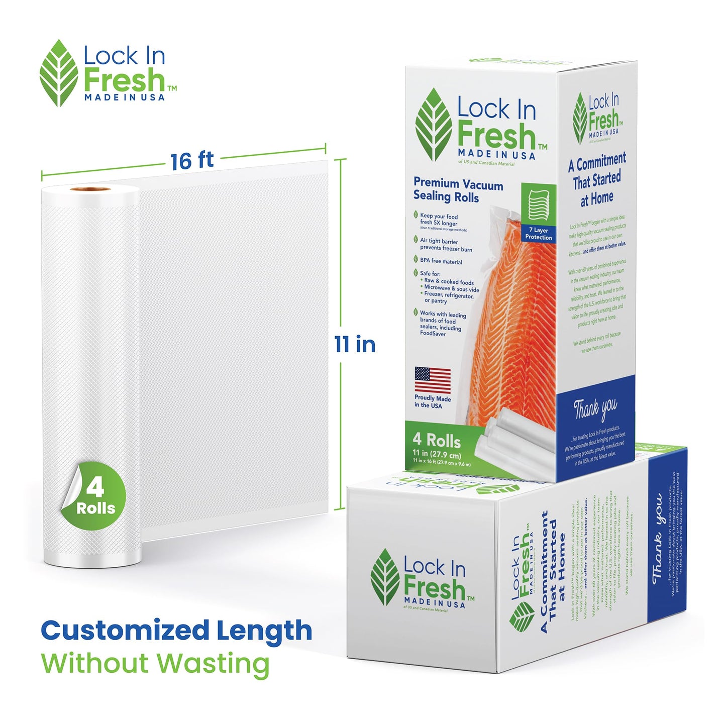 Lock In Fresh Vacuum Sealer Bags for Food - Heavy Duty Food Saver Vacuum Sealer Bag Rolls - Sous Vide, Seal a Meal Bags, 4-pack, 11" x 16' - Made in the USA