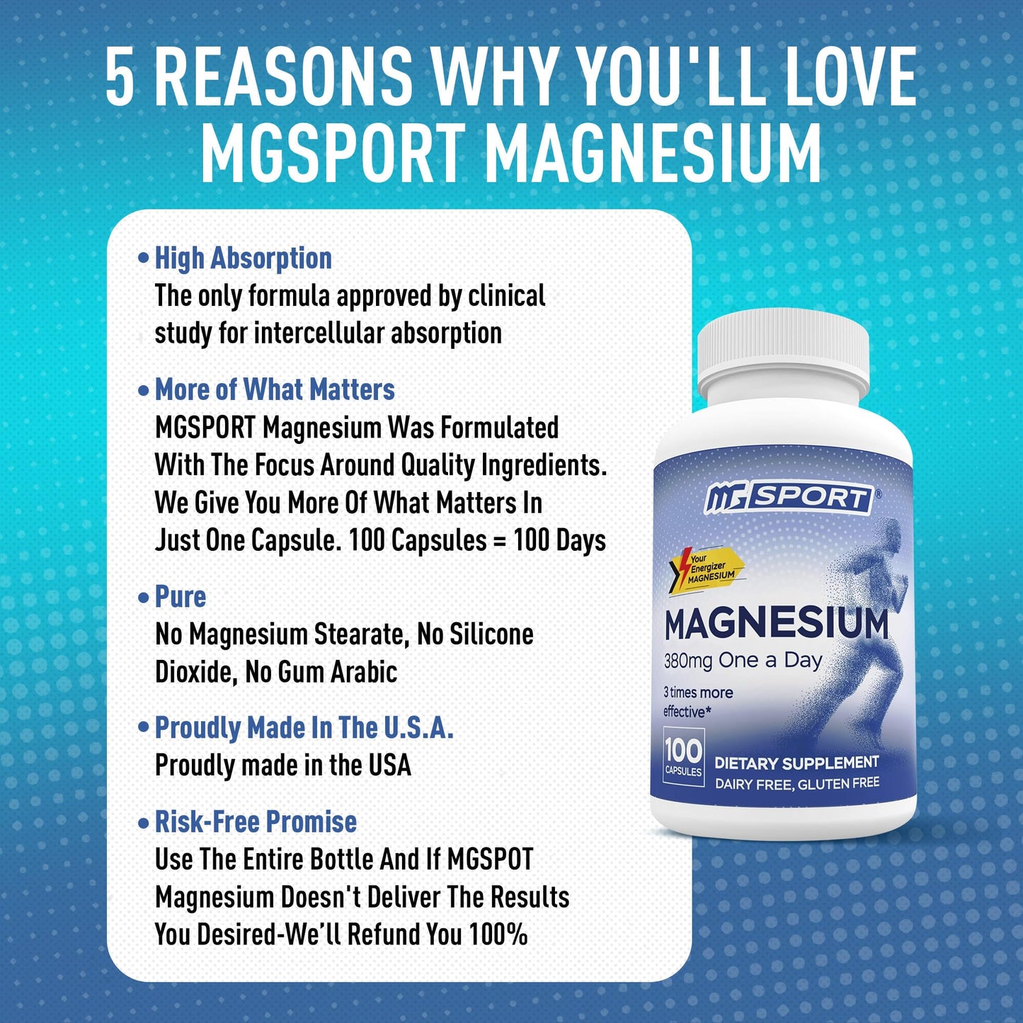 Magnesium Supplement Complex MGSPORT - High Absorption Supplement with Vitamins B6, D, E - Relieves Leg Cramps & Muscle Support - 100 Servings