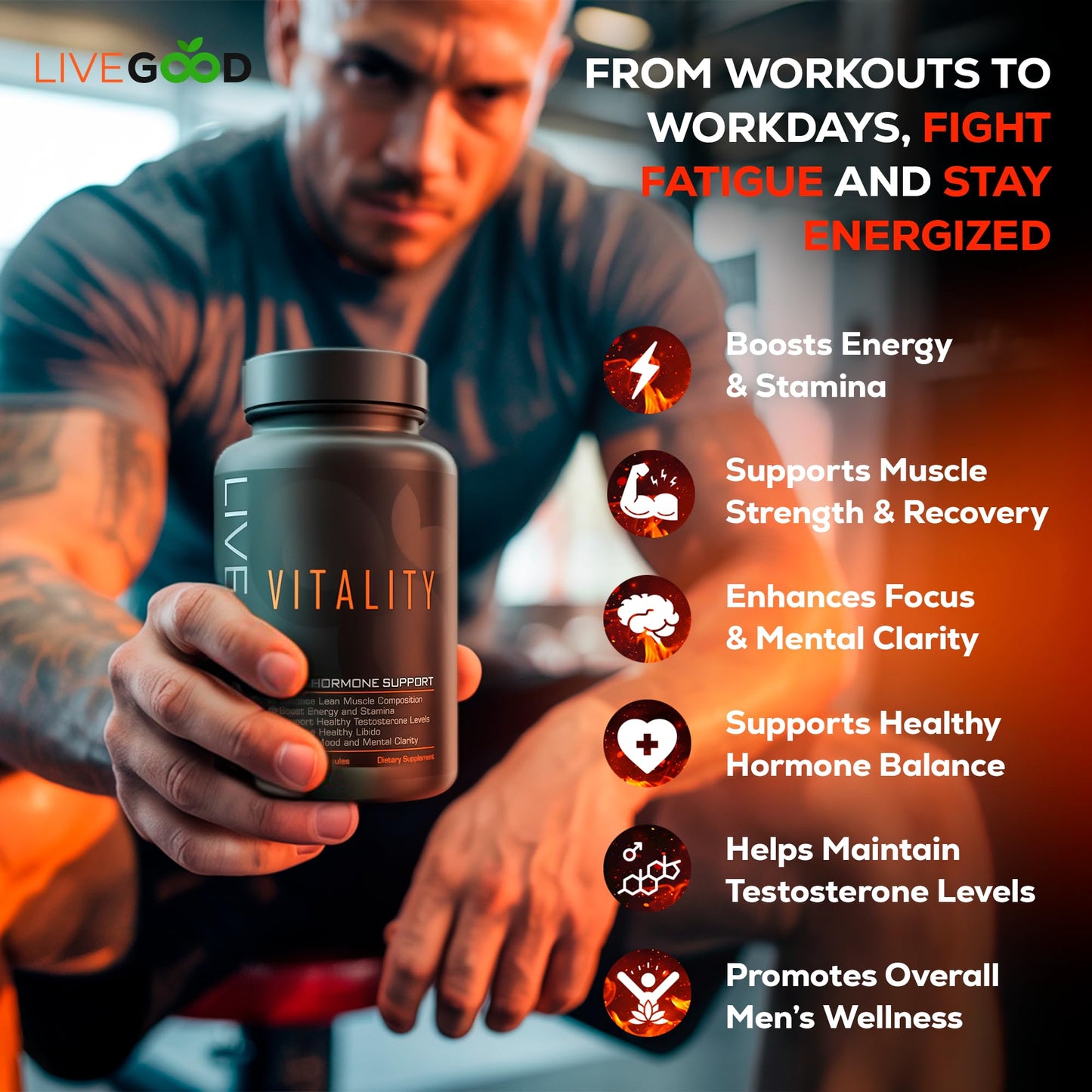 LIVEGOOD Vitality Men’s Support, Natural Men’s Supplement with Adaptogenic Herbs for Energy, Mood, Stamina and Endurance, Daily Vitality Formula for Performance and Wellness (60 Capsules)