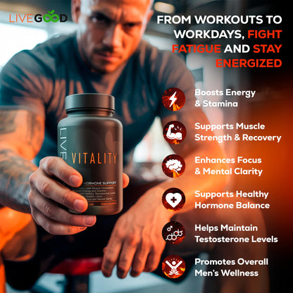 LIVEGOOD Vitality Men’s Support, Natural Men’s Supplement with Adaptogenic Herbs for Energy, Mood, Stamina and Endurance, Daily Vitality Formula for Performance and Wellness (60 Capsules)