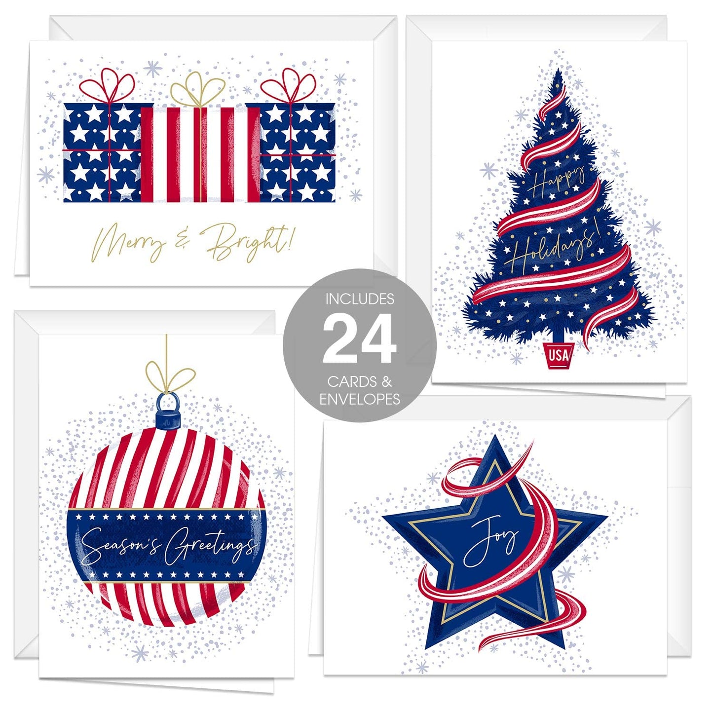 Patriotic USA Christmas New Years Cards / 24 Holiday Greeting Notecards And Envelopes/Four Seasonal American Designs/Made In The USA