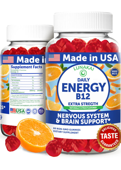 Lunakai Energy Gummies – USA Made Natural Energy Supplements – Vegan Vitamin B12 Gummies for Women & Men – Delicious Methyl B12 3000 mcg, 60ct
