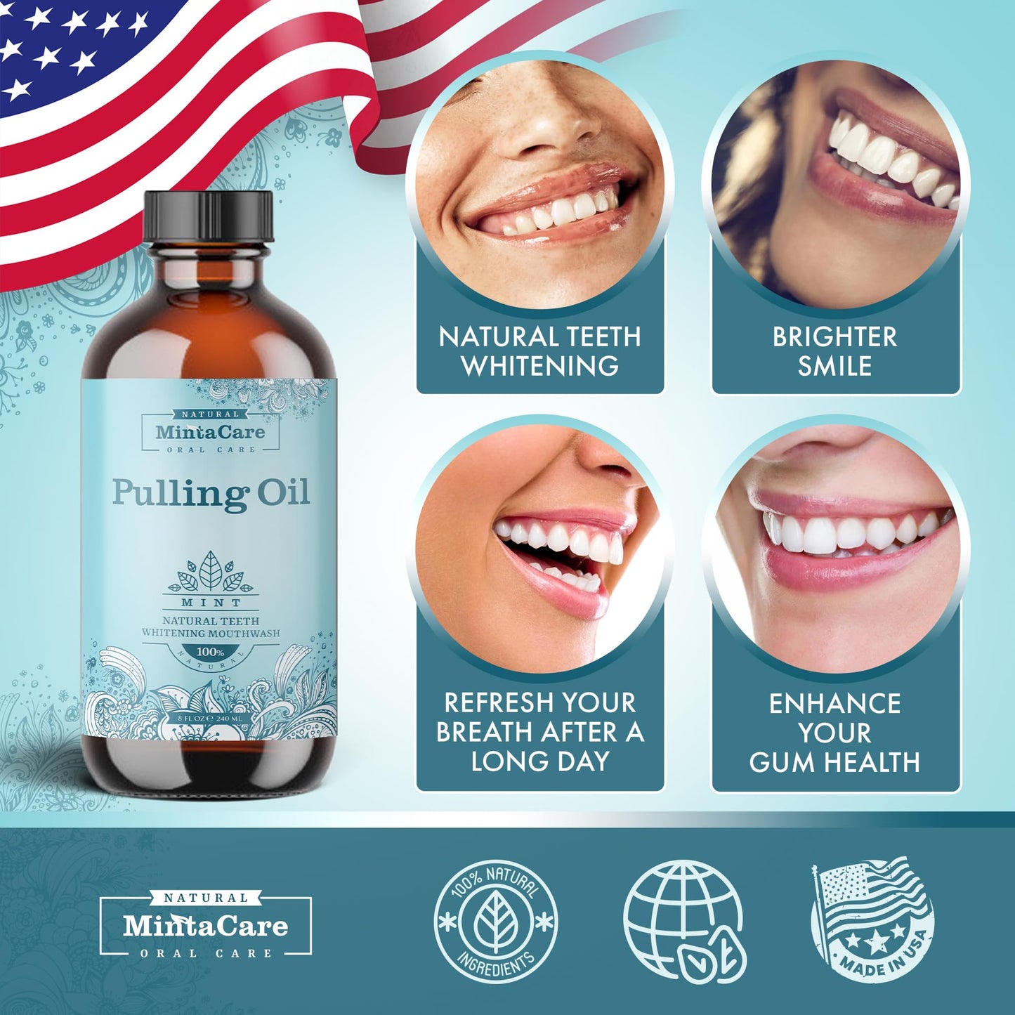 MintaCare All Natural Organic Oil Pulling for Teeth & Gums, Mouthwash in Glass Bottle for Teeth Whitening, Fresh Breath & Gum Health - Oral Care - Made in USA - Mint Flavor - 8oz, Clear