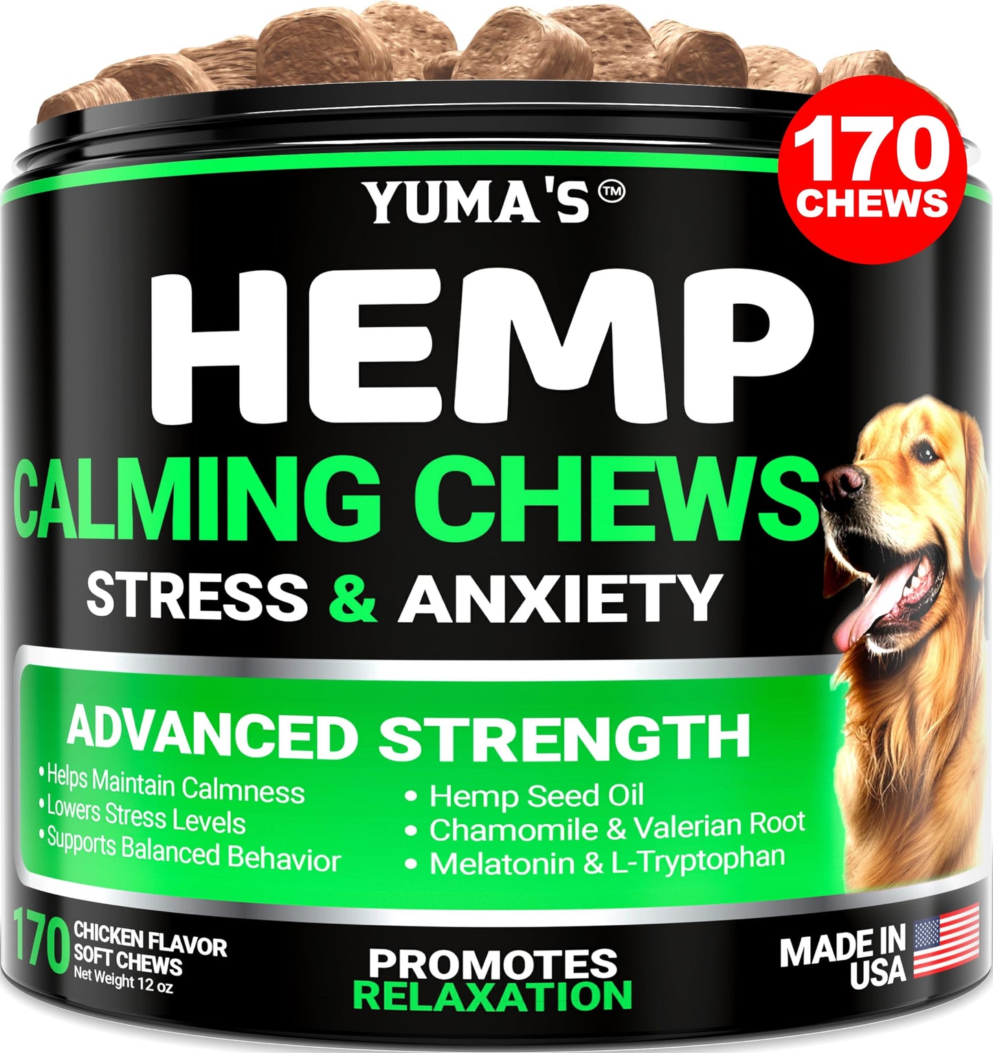 YUMA'S Hemp Calming Chews for Dogs - Advanced Dog Calming Chews - Anxiety Relief Treats - Separation Aid, Barking, Stress Relief, Thunderstorms - Melatonin - Hemp Oil - Made in USA