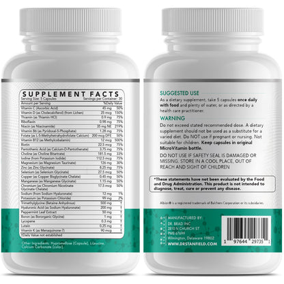 Dr Brad Stanfield Daily Low Dose MultiVitamin & Mineral for Men & Women to Support Cognitive Performance & Memory + Hyaluronic Acid for Skin Health + TMG for Exercise (150 Count)