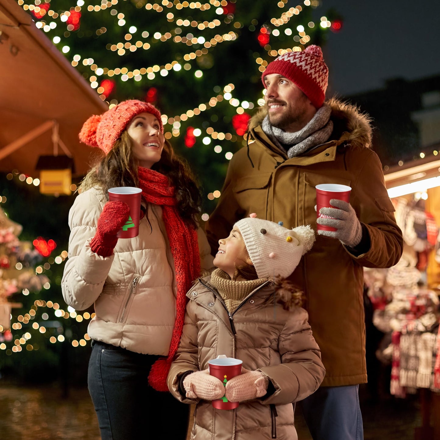 Steel Chill Cups 16 oz. Party Cups 'Happy Holidays' Christmas Tree Design for Cold Drinks, Durable, Disposable, Recyclable, Made in USA, Red, 12 Count