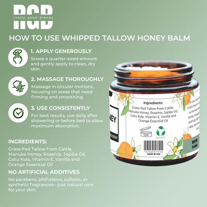 Really Good Blends Whipped Tallow Balm with Manuka Honey – 4 oz | Collagen-Boosting Body Butter | Beef Tallow for Skin | Face & Body Moisturizer | Made in USA (Vanilla Orange)