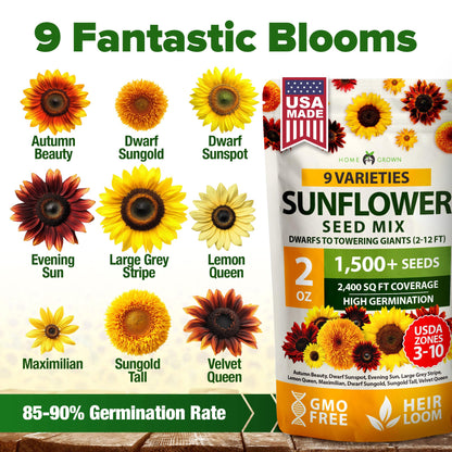 HOME GROWN Sunflower Seeds Mix Pack 1,500+ 9 Colorful Varieties of Sun Flower Seeds to Plant - 2-10ft Tall Plants, Pollinator Friendly 𝗡𝗢𝗡-𝗚𝗠𝗢 𝗨𝗦𝗔 – Easy to Grow, High Germination