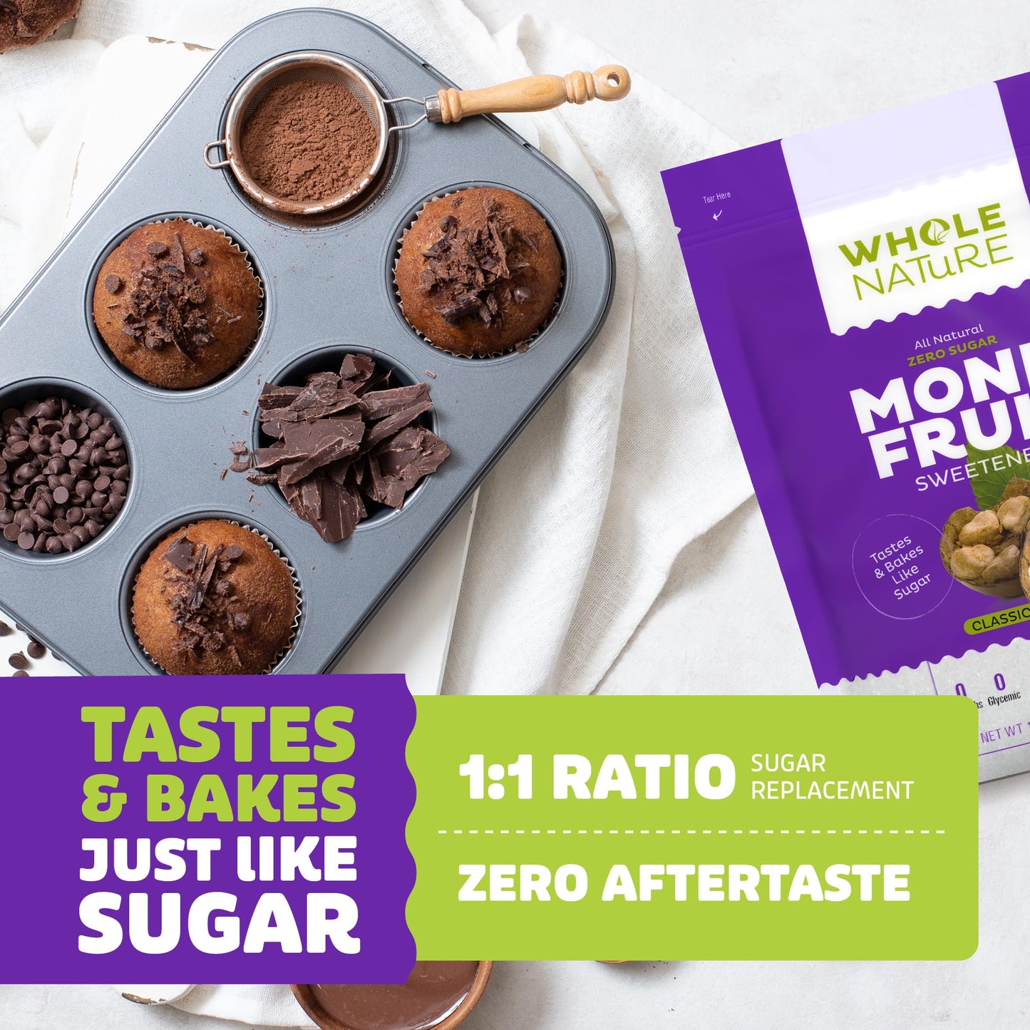 Whole Nature Monk Fruit Sugar Sweetener 1:1 Baking Sugar Substitute Made in the USA – Granulated Blend With Erythritol – Zero Calorie – Keto – Paleo – Non-GMO – Kosher - Natural Alternative – 1lb Pouch