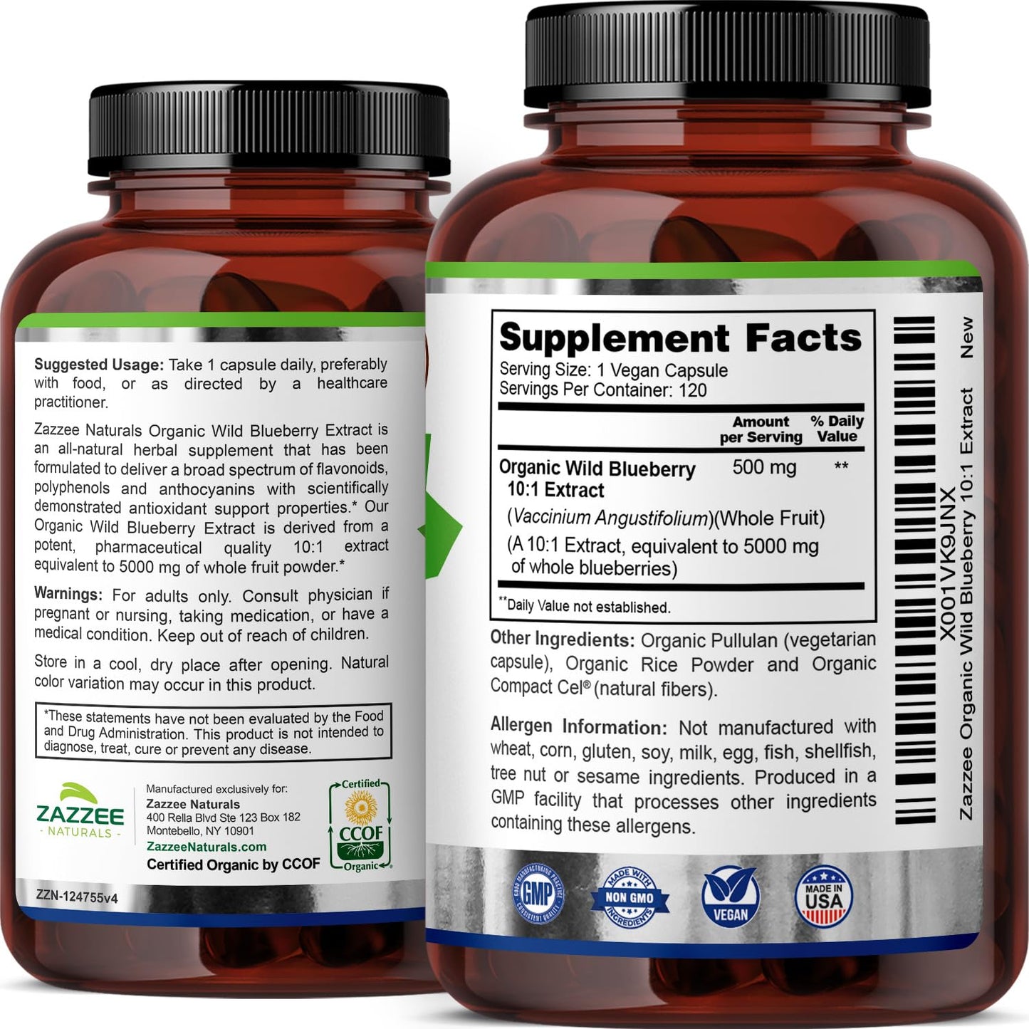 Zazzee USDA Organic Wild Blueberry 10:1 Extract, 5000 mg Strength, 120 Vegan Capsules, 4 Month Supply, Concentrated and Standardized 10X Whole Fruit Extract, 100% Vegetarian, All-Natural and Non-GMO