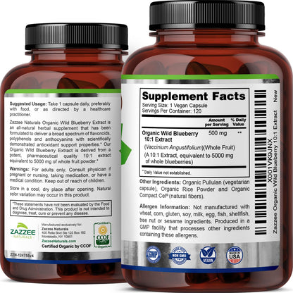 Zazzee USDA Organic Wild Blueberry 10:1 Extract, 5000 mg Strength, 120 Vegan Capsules, 4 Month Supply, Concentrated and Standardized 10X Whole Fruit Extract, 100% Vegetarian, All-Natural and Non-GMO