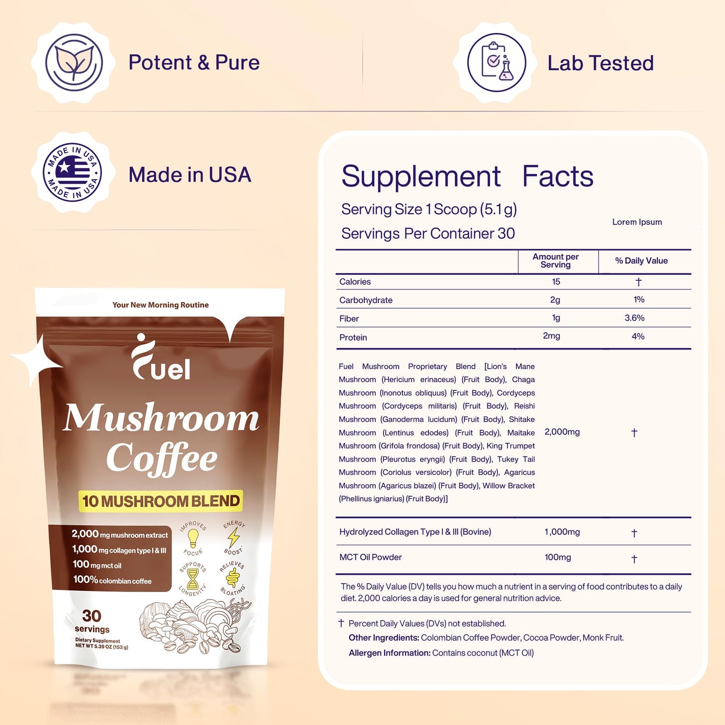 Fuel Brain Boost Mushroom Coffee Nutrition, Organic Blend for Gut Health, Lion's Mane Powder, Chaga & Mushroom Powder Low Caffeine Instant Coffee, Nootropics Drink, 30 Servings