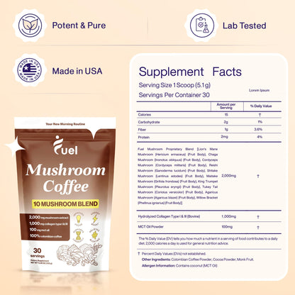 Fuel Brain Boost Mushroom Coffee Nutrition, Organic Blend for Gut Health, Lion's Mane Powder, Chaga & Mushroom Powder Low Caffeine Instant Coffee, Nootropics Drink, 30 Servings