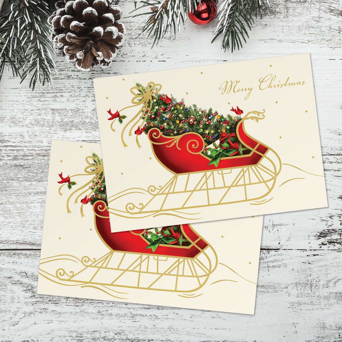 Canopy Street Masterpiece Holiday Sleigh Christmas Cards / 15 Traditional Holiday Cards With Coordinating White Envelopes Set / 5 5/8" x 7 7/8" Winter Greeting Cards With Inside Verse/Made In The USA