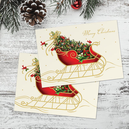 Canopy Street Masterpiece Holiday Sleigh Christmas Cards / 15 Traditional Holiday Cards With Coordinating White Envelopes Set / 5 5/8" x 7 7/8" Winter Greeting Cards With Inside Verse/Made In The USA