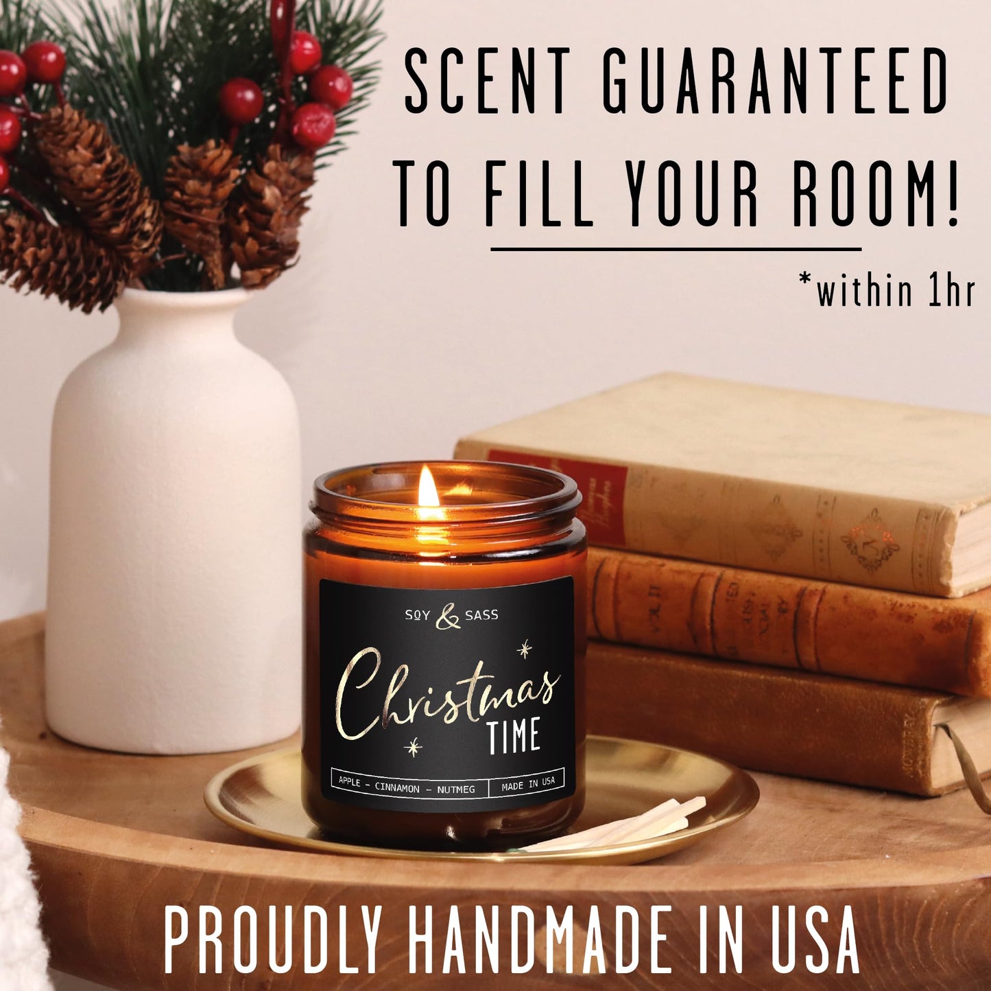 Christmas Candles Scented – ‘Christmas Time’ Soy Christmas Candle, w/Apple, Cinnamon, Clove - Infused with Essential Oils I Holiday Candles I 9oz, 50Hr, Made in USA